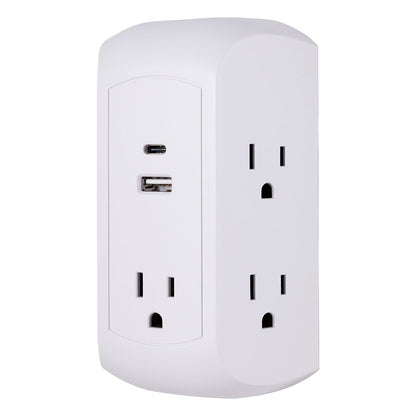 GE 5-Outlet 2-USB Wall Tap with Surge Protection and USB-C, White