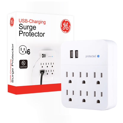 GE 6-Outlet 2-USB Wall Tap with Surge Protection, White