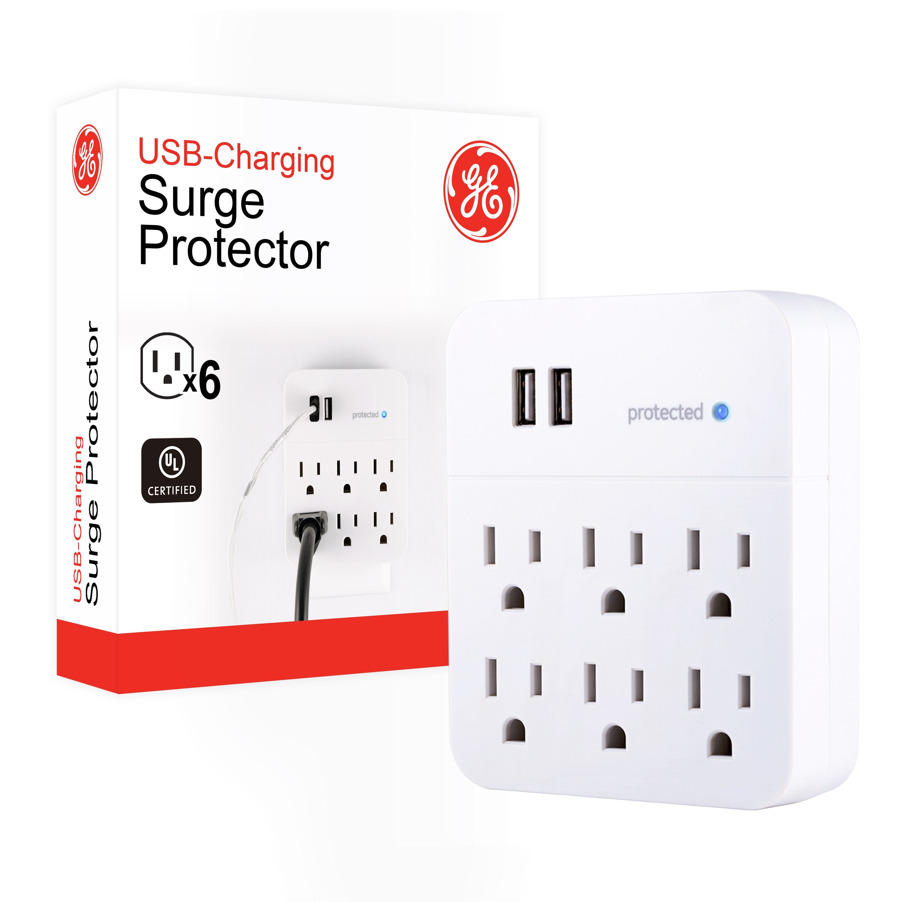 GE 6-Outlet 2-USB Wall Tap with Surge Protection, White