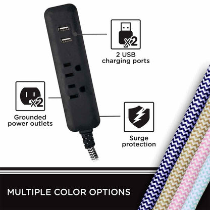 Cordinate 2-Outlet 2-USB Charging Braided Extension Cord with Surge Protection, 10ft., Black/White
