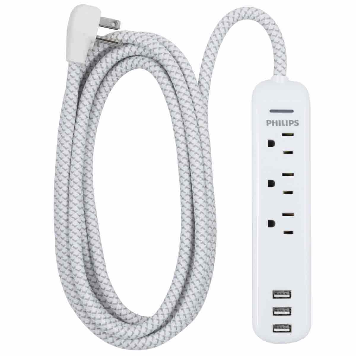Philips 3-Outlet 3-USB 10ft. Surge Protector, White