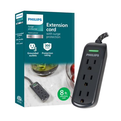 Philips 3-Outlet 8ft. Extension Cord With With Surge Protection, Black