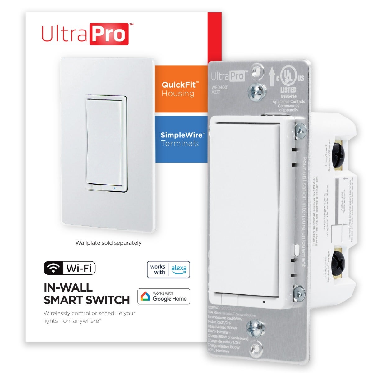 UltraPro WiFi In-Wall Smart Switch With QuickFit™ And SimpleWire™, 2 Pack, White