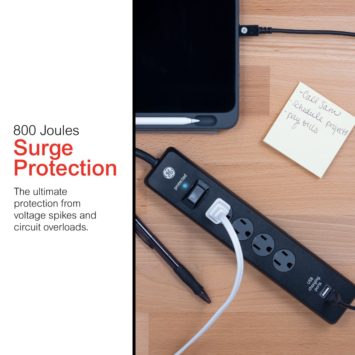 GE 4-Outlet 2-USB 3ft. Surge Protector, Black