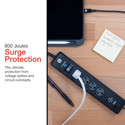 GE 4-Outlet 2-USB 3ft. Surge Protector, Black