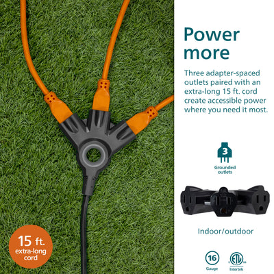 Philips EZGrip™ 3-Outlet 15ft. Indoor/Outdoor Extension Cord, Black
