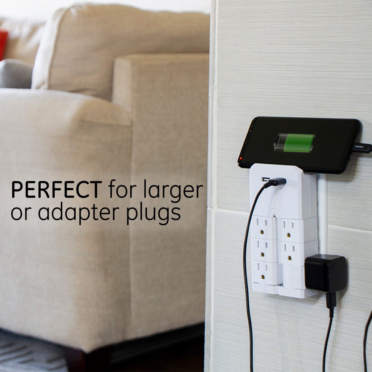 GE 6-Outlet 2-USB Wall Tap with Surge Protection and Swivel Outlets, White