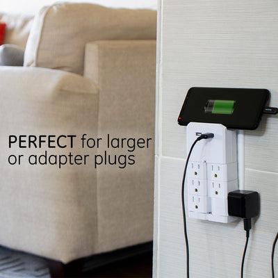 GE 6-Outlet 2-USB Wall Tap with Surge Protection and Swivel Outlets, White