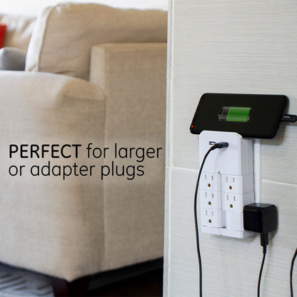 GE 6-Outlet 2-USB Wall Tap with Surge Protection and Swivel Outlets, White