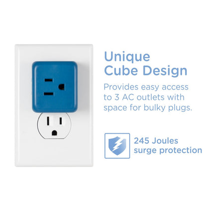 Cordinate 3-Outlet Grounded Cube Tap with Surge Protection, Blue
