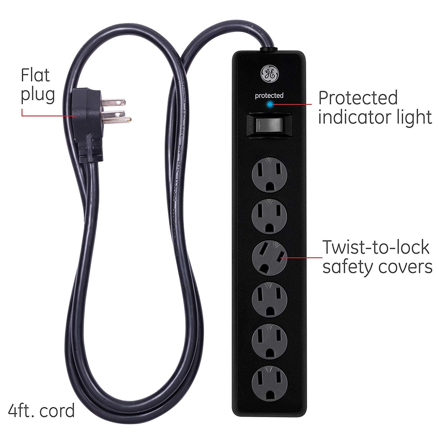 GE 6-Outlet 4ft. Surge Protector with Twist-to-Close Safety Covers, Black
