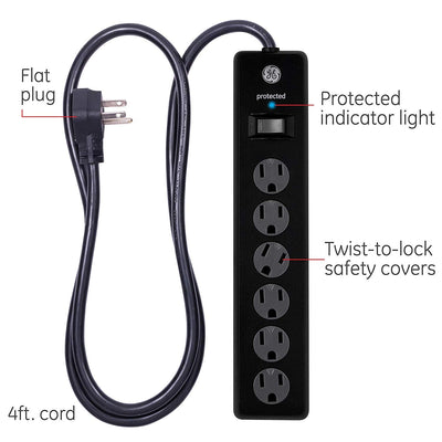GE 6-Outlet 4ft. Surge Protector with Twist-to-Close Safety Covers, Black