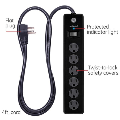 GE 6-Outlet 4ft. Surge Protector with Twist-to-Close Safety Covers, Black