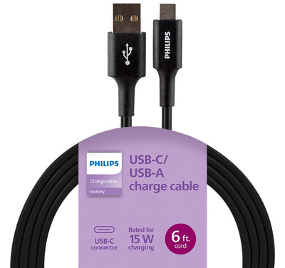 Philips 6ft. USB-C to USB-A Charging Cable, Black
