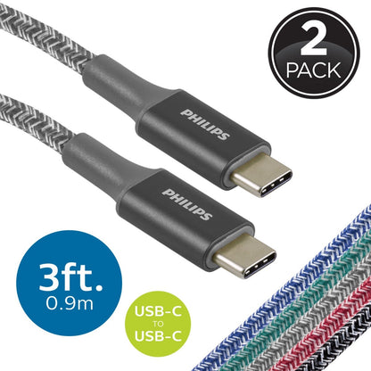 Philips 3 ft. USB-C to USB-C Braided Charging Cable, Gray, 2 Pack