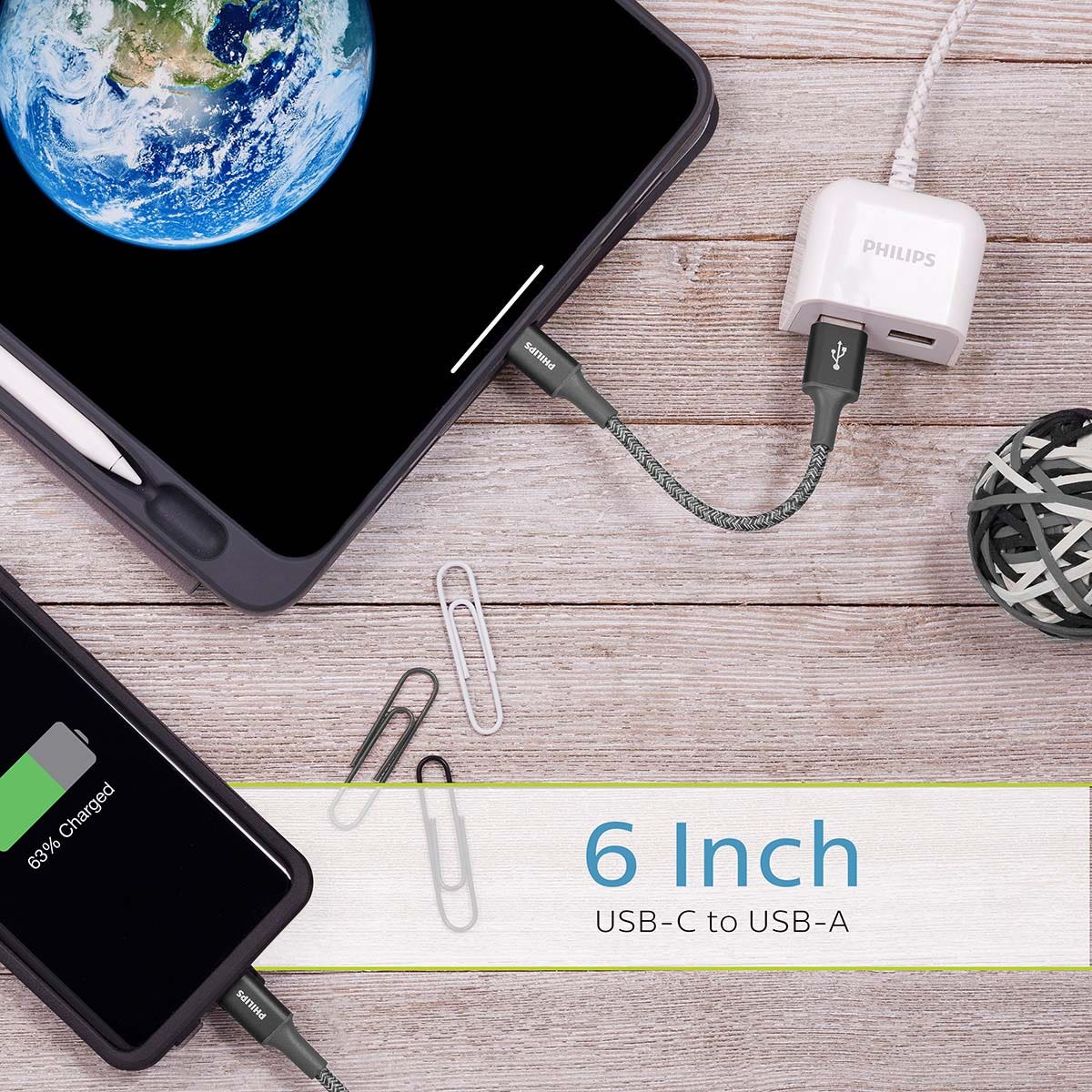 Philips 6in. USB-A to USB-C Braided Charging Cable, Gray