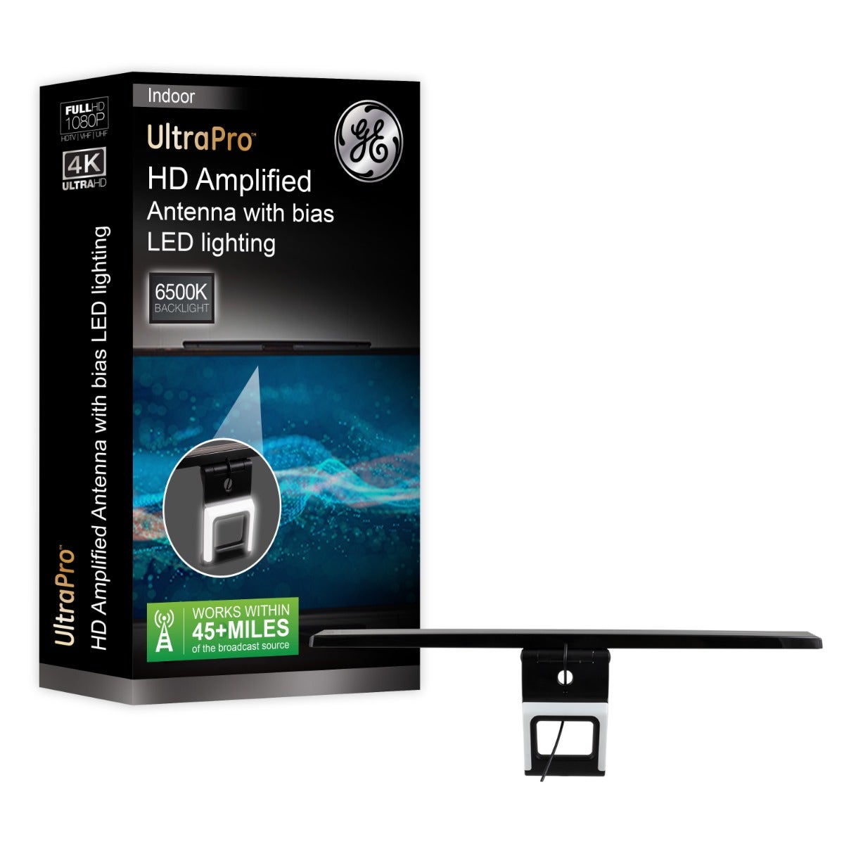 GE Enlighten HD Amplified Antenna with Bias LED Lighting, Black