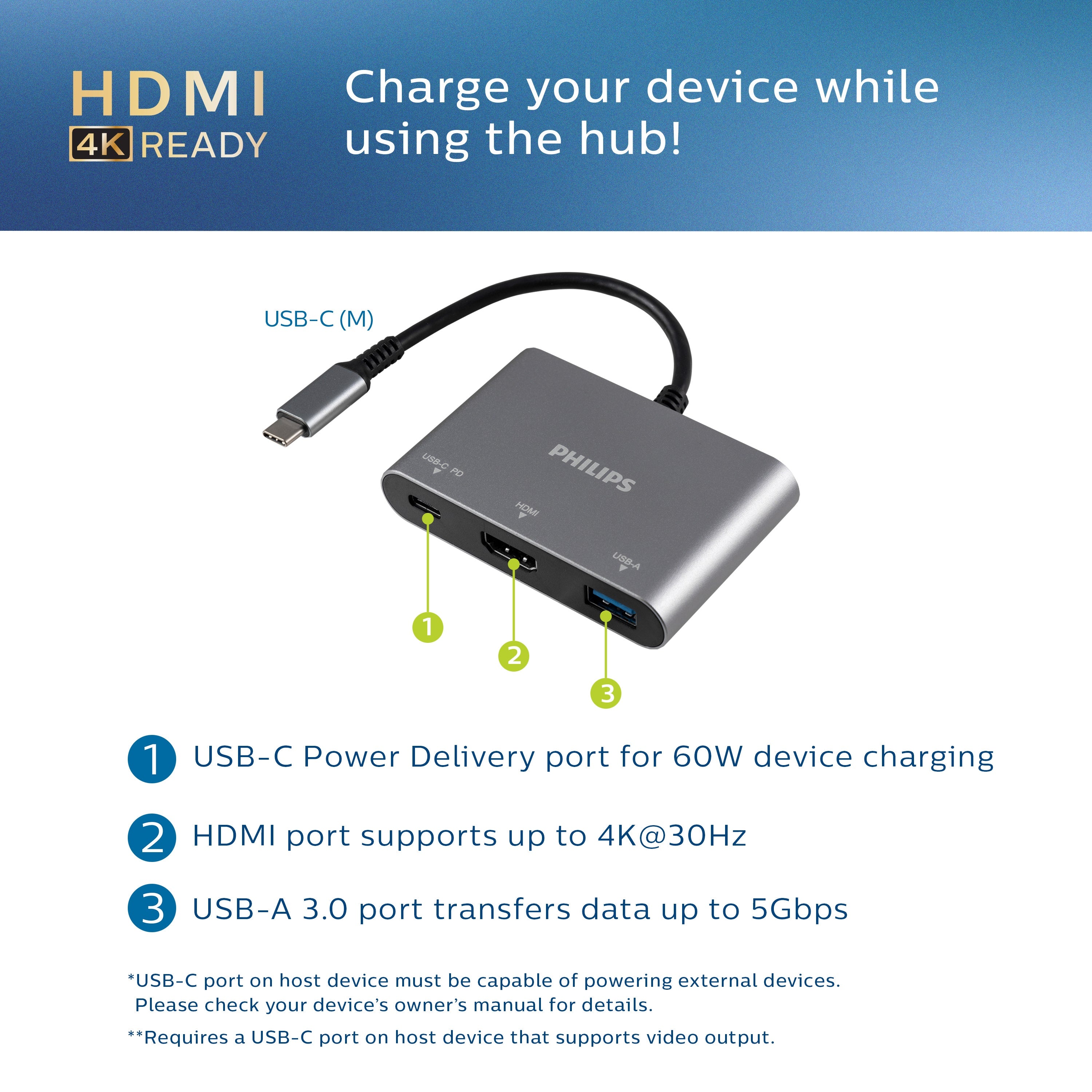 Philips USB-C 3-in-1 Multiport Hub With Power Pass-Through, Silver