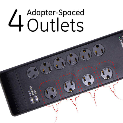 GE 10-Outlet 2-USB 6ft. Surge Protector With Twist-To-Close Safety Covers, Black