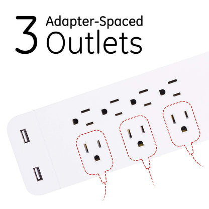 GE 7-Outlet 2-USB 15ft. Surge Protector, White