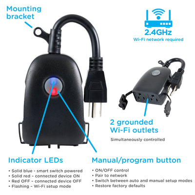 Enbrighten VIBE Outdoor Plug-in 2-Outlet WiFi Smart Switch, Black
