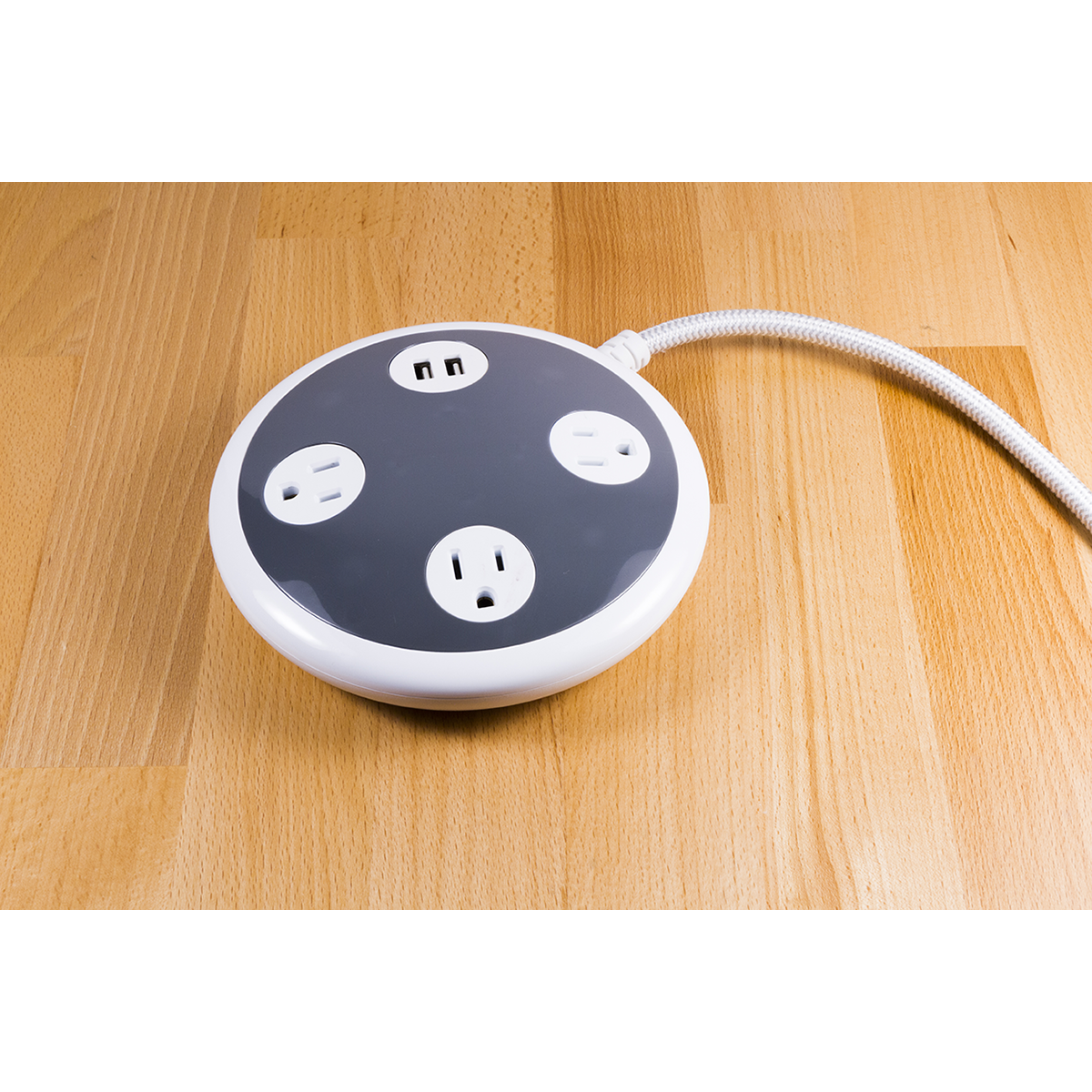 GE Pro 3-Outlet 2-USB 8ft. Braided Extension Cord with Surge Protection, Gray/White