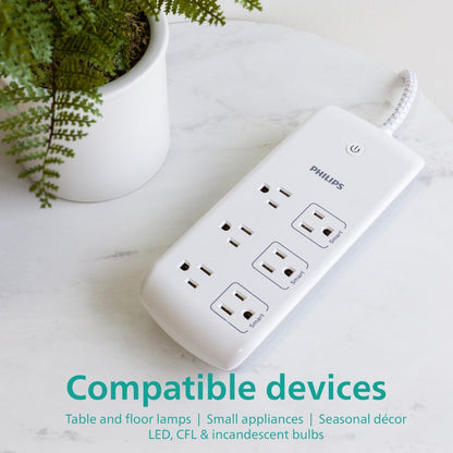 Philips 6-Outlet 4ft. WiFi Braided Extension Cord with Surge Protection, White