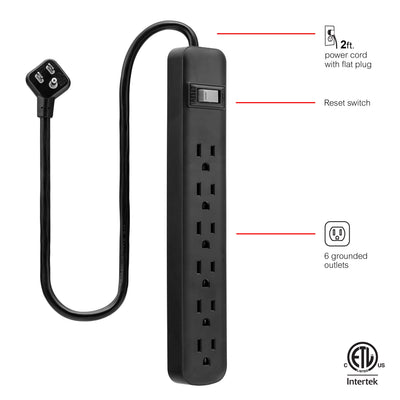 GE 6-Outlet 2ft. Power Strip, Black