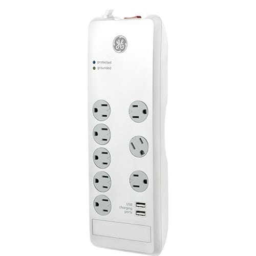 GE 8-Outlet 2-USB 4ft. Surge Protector, White