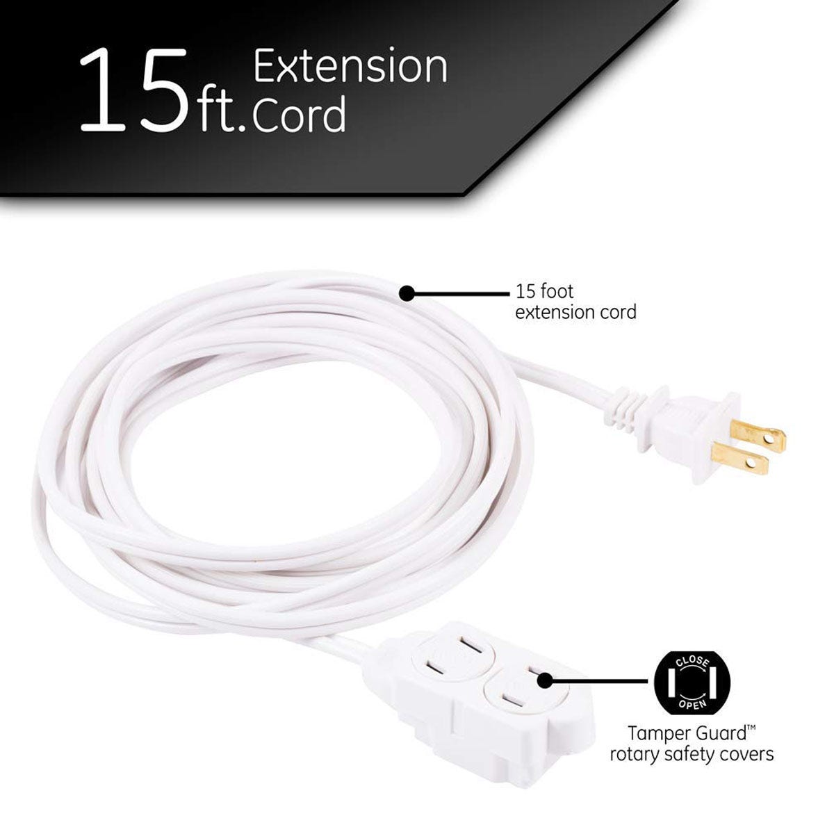 GE 3-Outlet 15ft. Extension Cord with Twist-to-Close Outlets, White