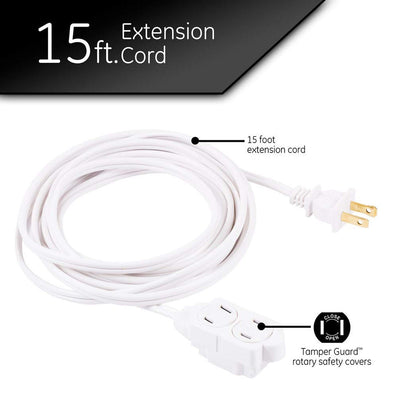 GE 3-Outlet 15ft. Extension Cord with Twist-to-Close Outlets, White