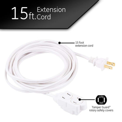 GE 3-Outlet 15ft. Extension Cord with Twist-to-Close Outlets, White