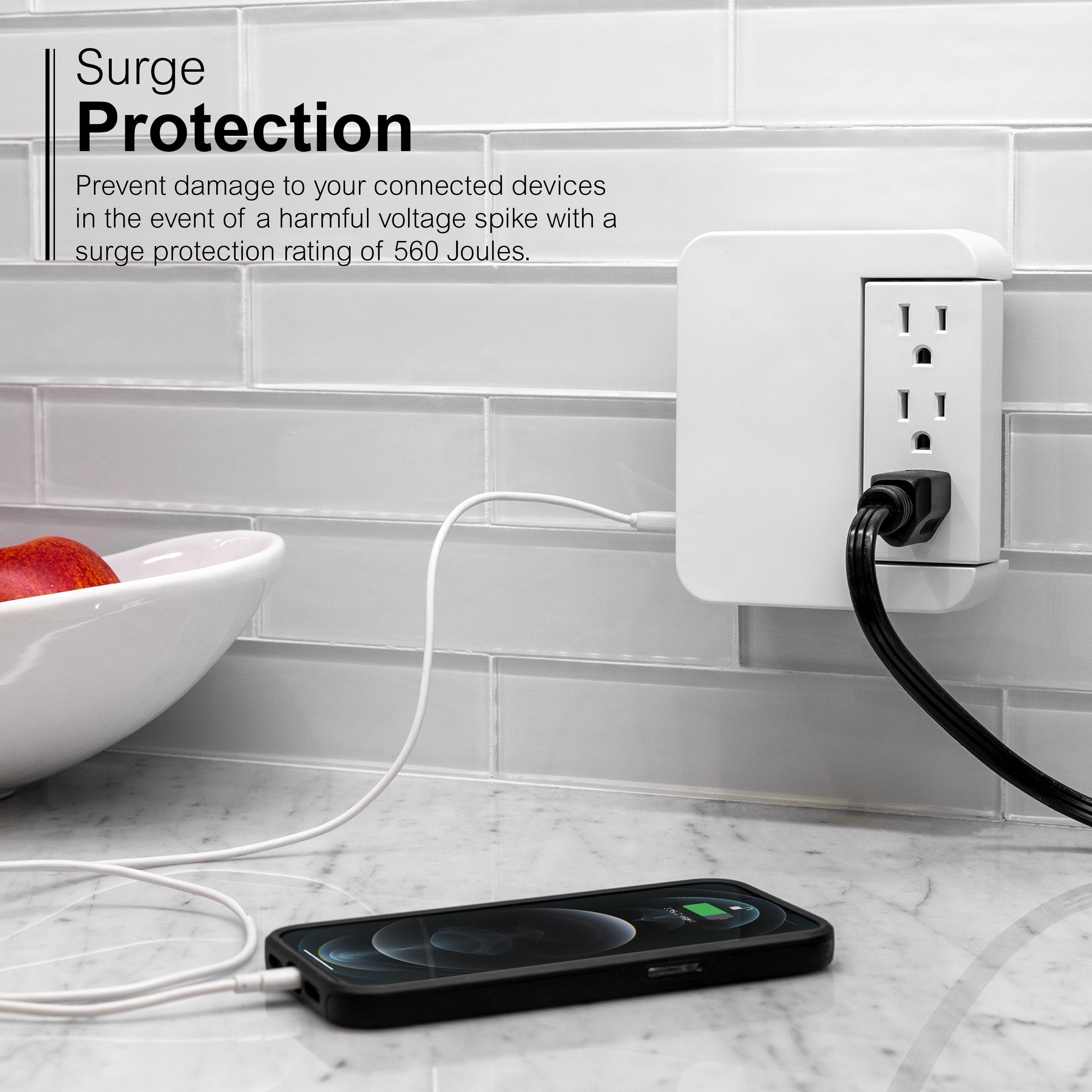 GE 5-Outlet 2-USB Wall Tap with Surge Protection and Swivel Outlets, White