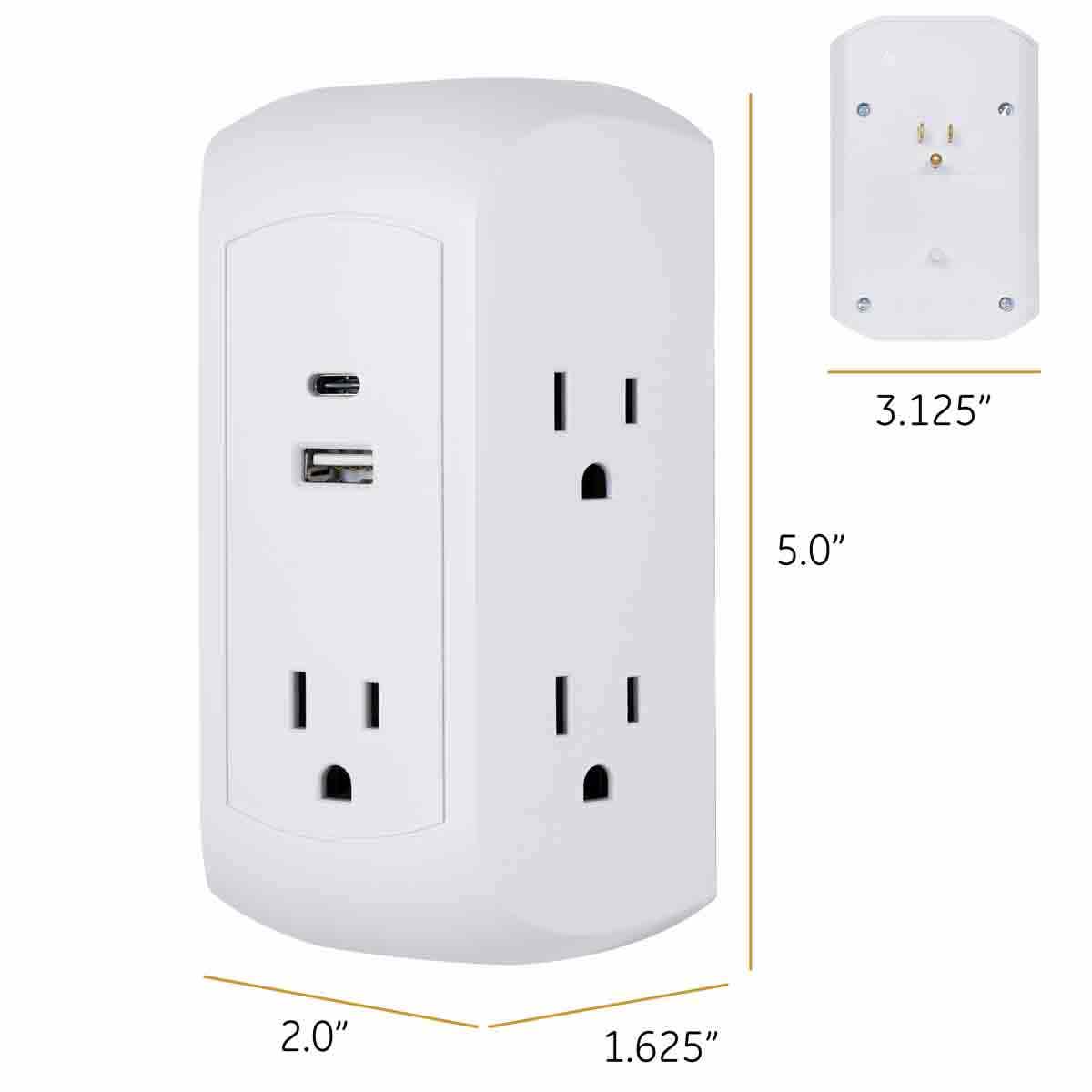 GE 5-Outlet 2-USB Wall Tap with Surge Protection and USB-C, White