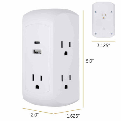 GE 5-Outlet 2-USB Wall Tap with Surge Protection and USB-C, White