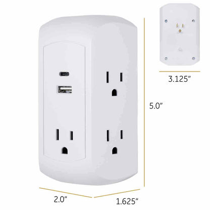 GE 5-Outlet 2-USB Wall Tap with Surge Protection and USB-C, White