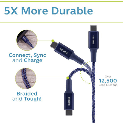 Philips 6ft. USB-C to USB-C Braided Charging Cable, Blue