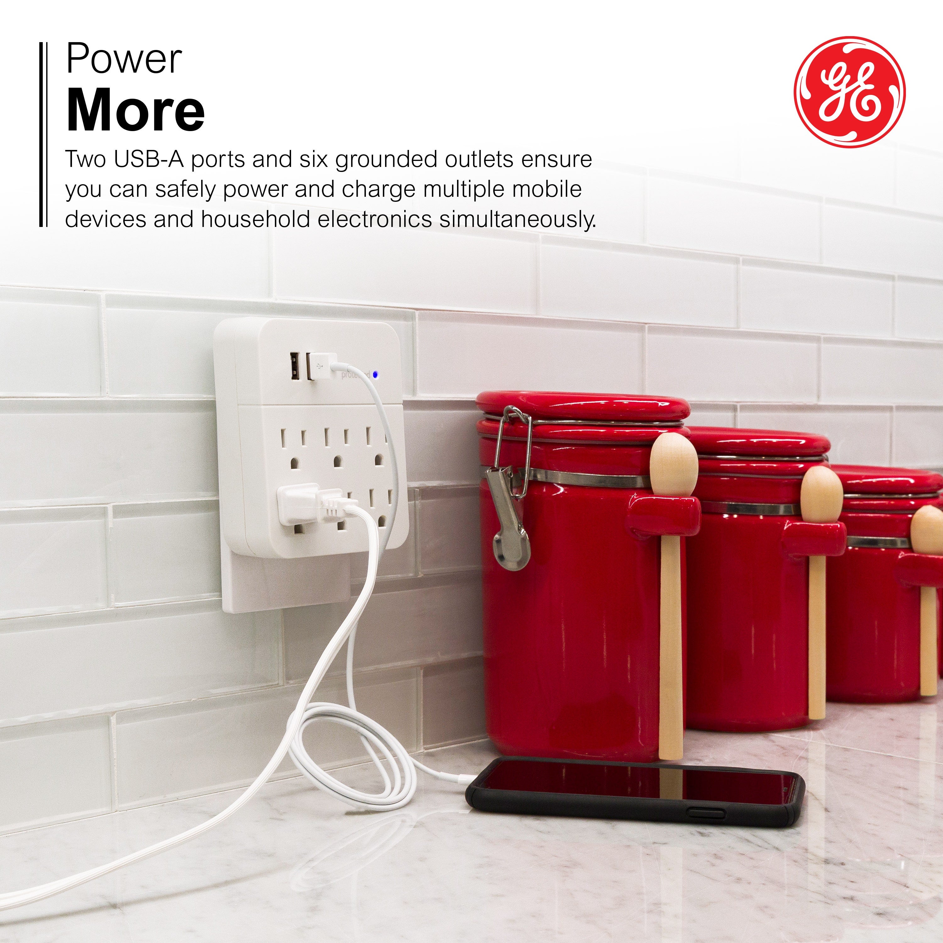 GE 6-Outlet 2-USB Wall Tap with Surge Protection, White