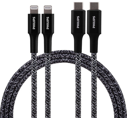 Philips 3ft. USB-C to Lightning Charging Cable with Braided Cord, 2 Pack, Black