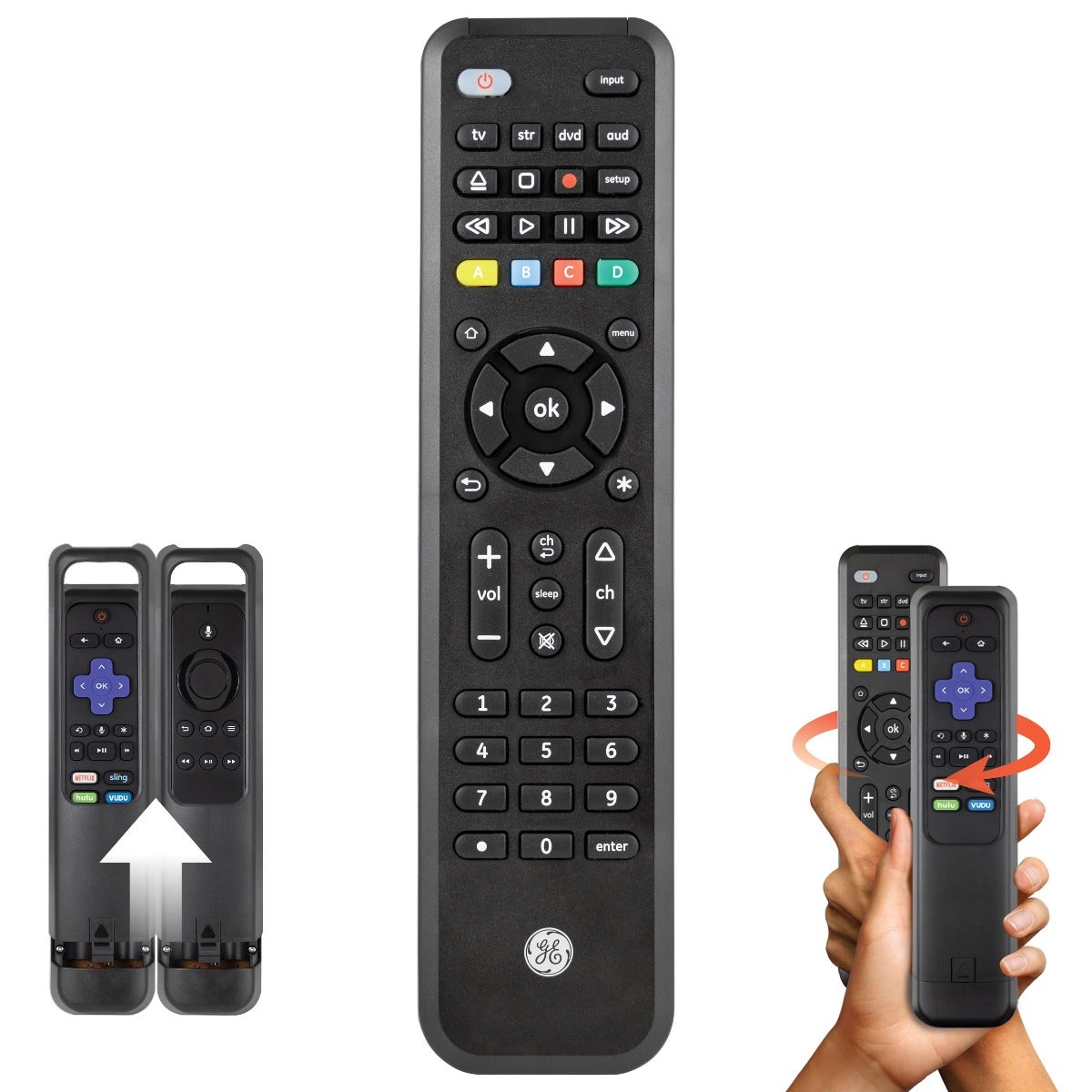 GE 4-Device Universal Companion Remote for Roku and Amazon TV with Flip and Slide Cradle, Black