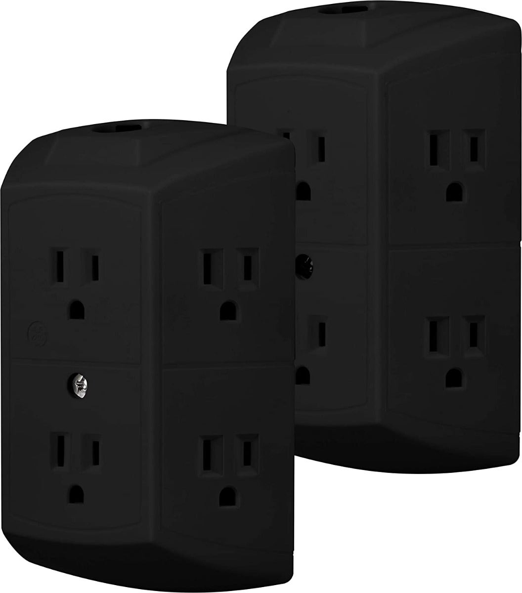 GE 6-Outlet Wall Tap with Resettable Circuit Breaker, 2 Pack, Black