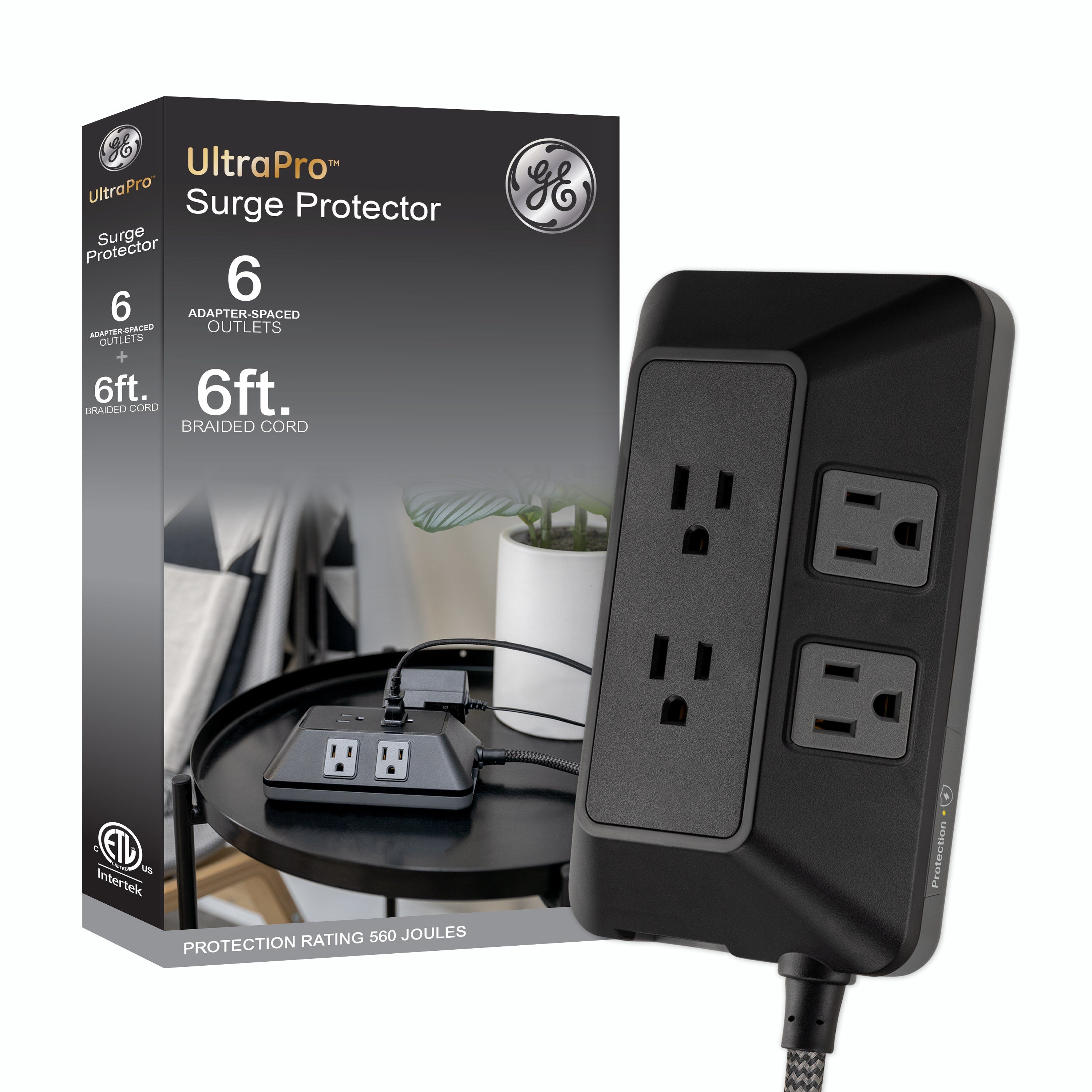 GE 6-Outlet Surge Protector With Adapter-Spaced Outlets, 6ft. Braided Cord, Black