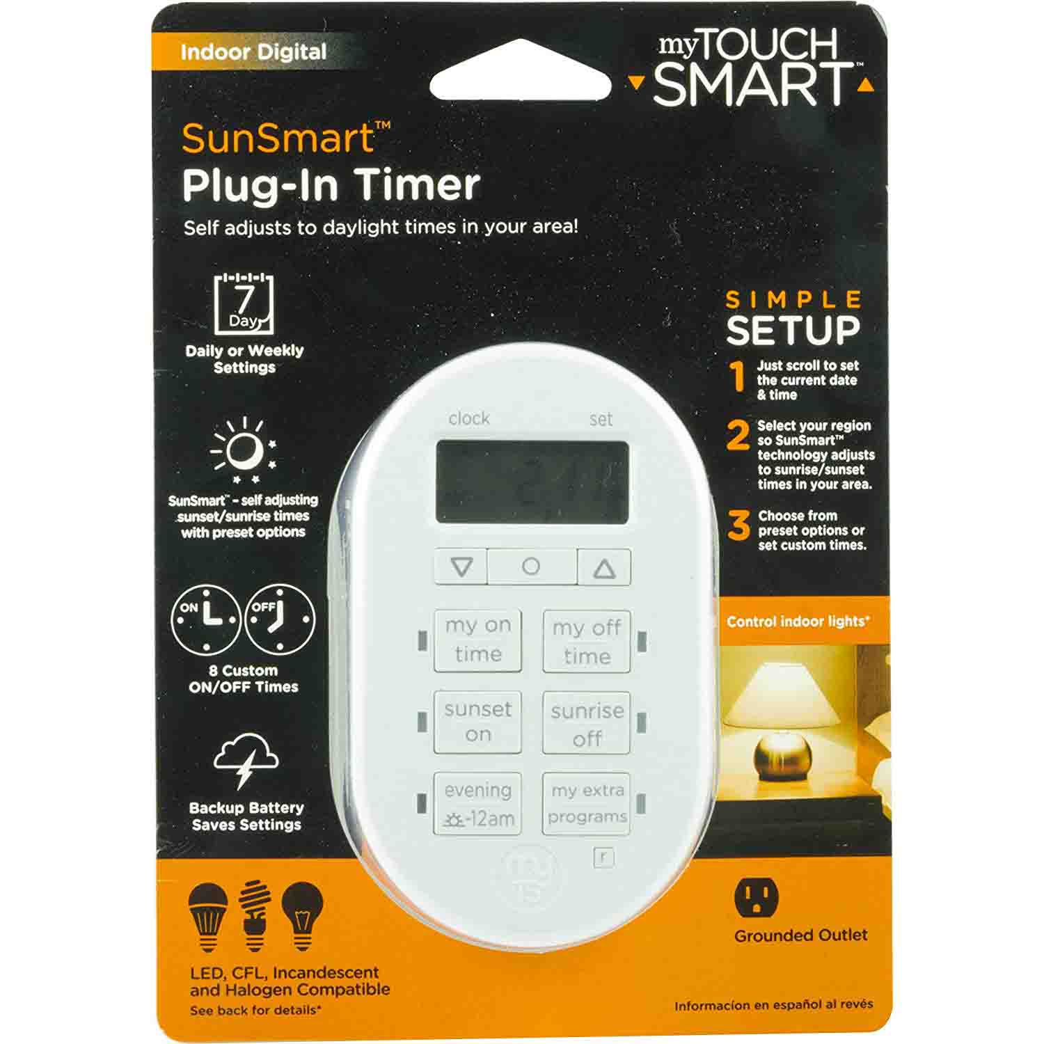 myTouchSmart Indoor Plug-In SunSmart Digital Timer, White