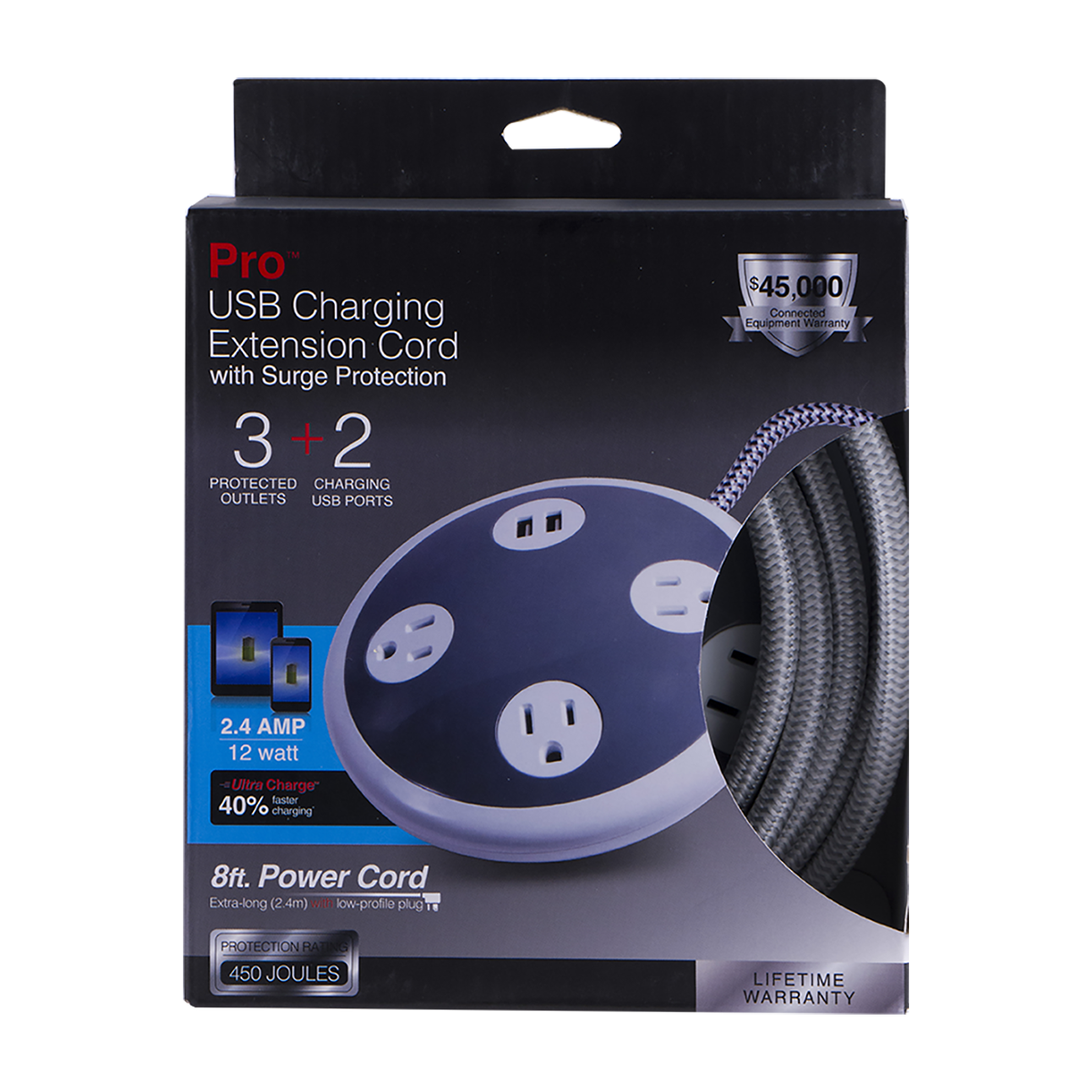GE Pro 3-Outlet 2-USB 8ft. Braided Extension Cord with Surge Protection, Gray/White