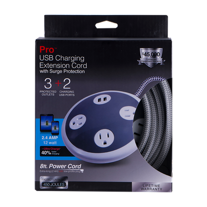GE Pro 3-Outlet 2-USB 8ft. Braided Extension Cord with Surge Protection, Gray/White