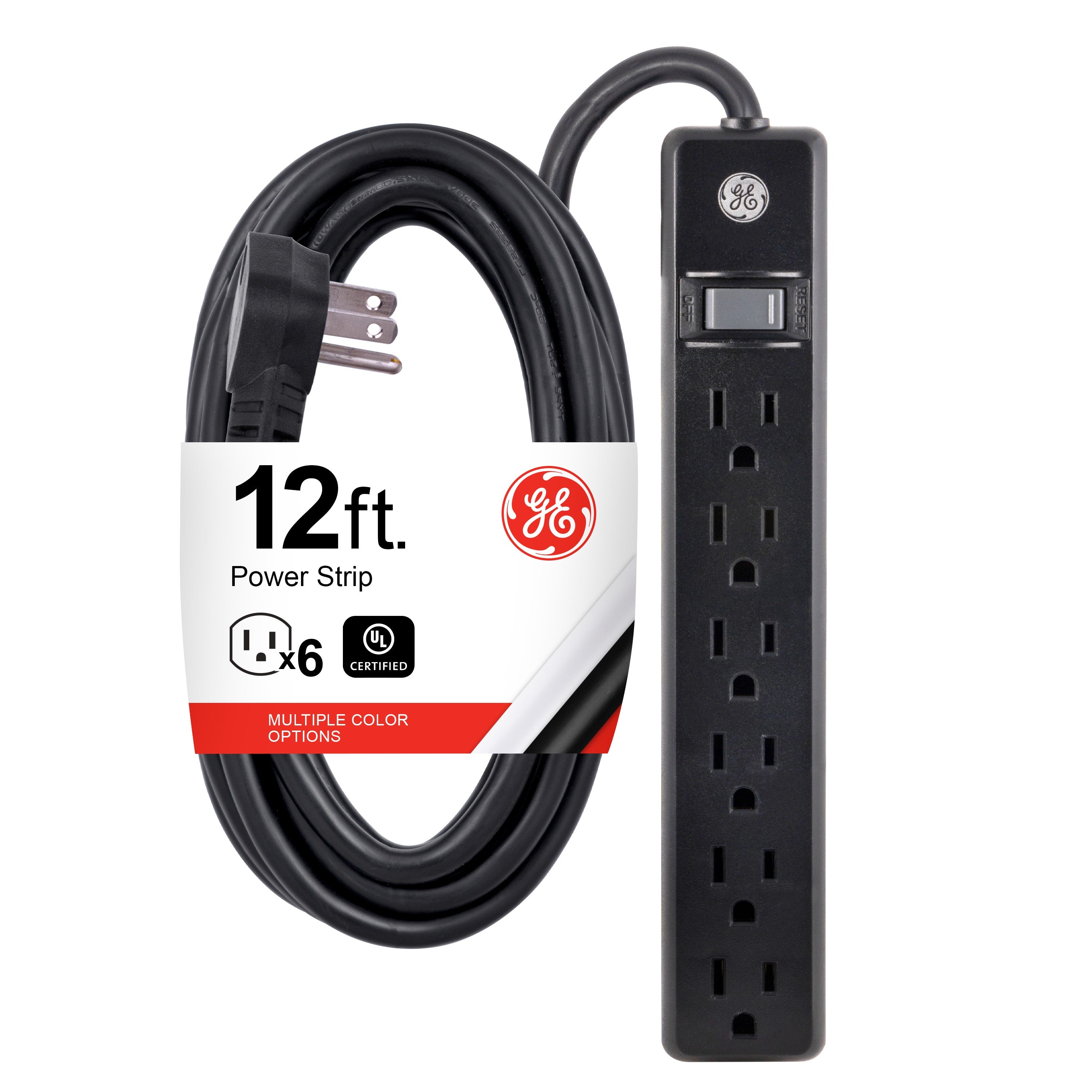 GE 6-Outlet 12ft. Power Strip, Black