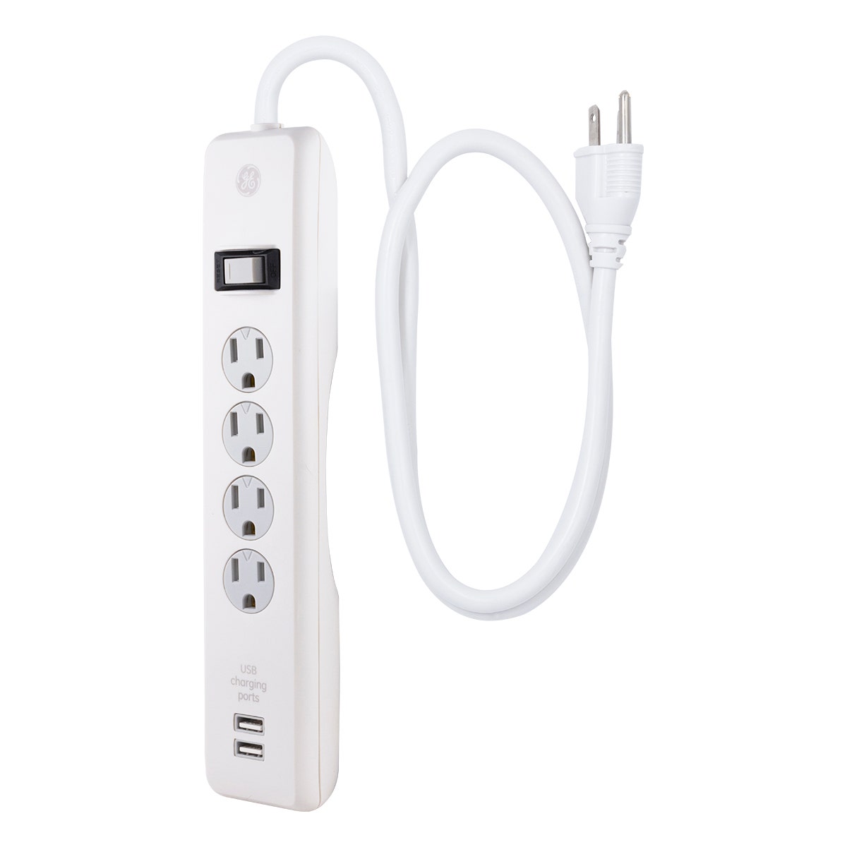 GE 4-Outlet 2-USB 3ft. Surge Protector With Twist-To-Close Safety Covers, White