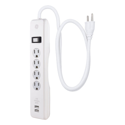 GE 4-Outlet 2-USB 3ft. Surge Protector With Twist-To-Close Safety Covers, White