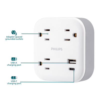 Philips 3-Outlet 1 USB-A 1 USB-C Wall Tap with Surge Protection, White