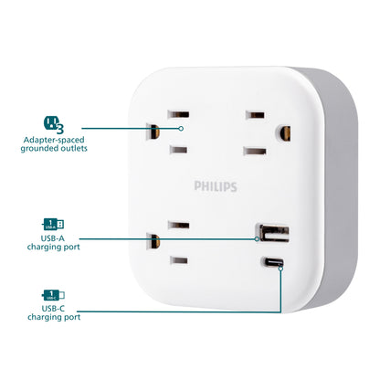 Philips 3-Outlet 1 USB-A 1 USB-C Wall Tap with Surge Protection, White